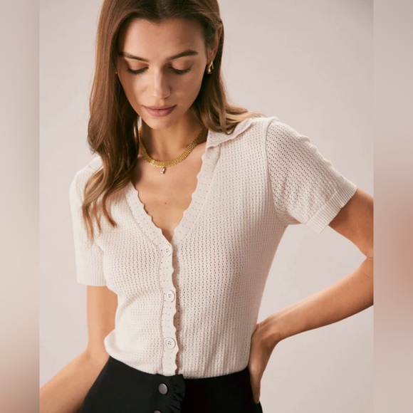 NWT RIHOAS V Neck Button Pointelle Knit Tee - Picture 3 of 6